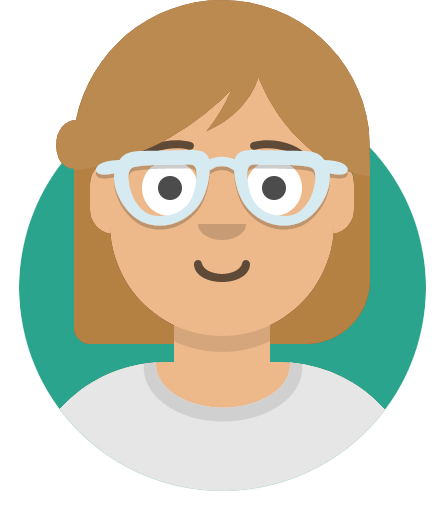 Cartoon woman's face with short brown hair and glasses.